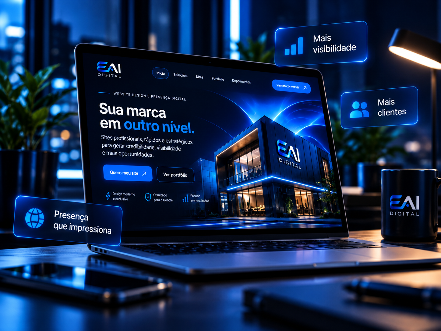Arte da EAi Digital com um site apresentado em notebook